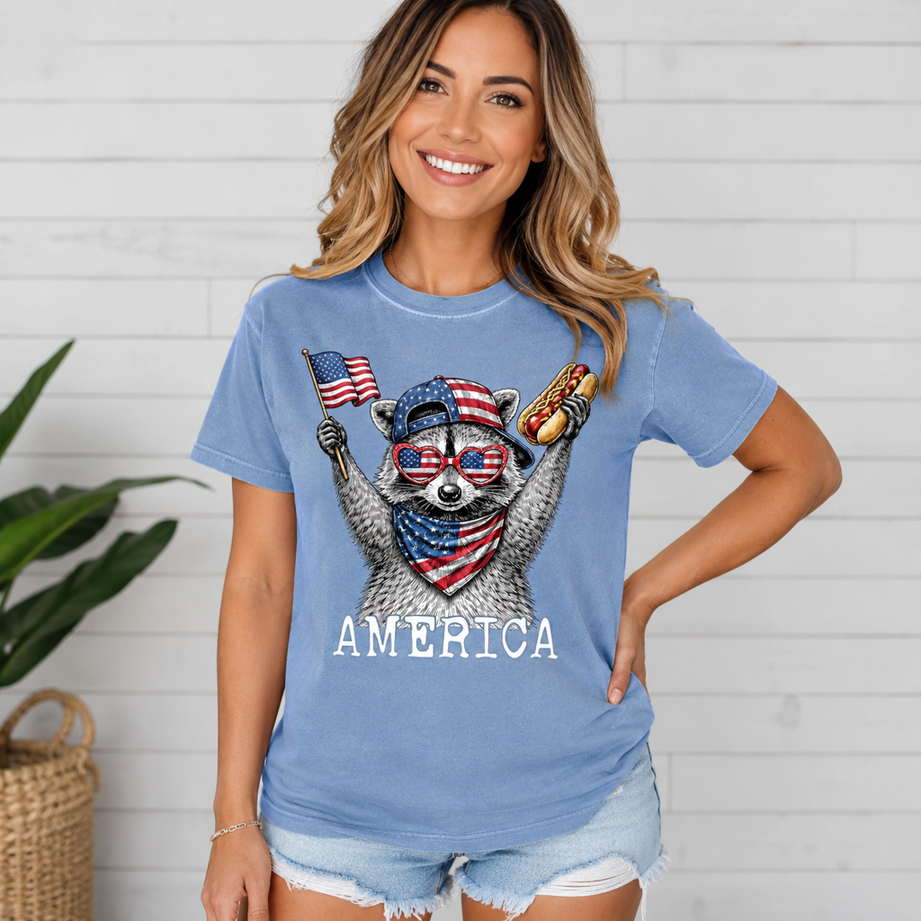 Patriotic Raccoon America Graphic T-Shirt, Funny USA Flag Hot Dog Tee, Unisex Summer Shirt