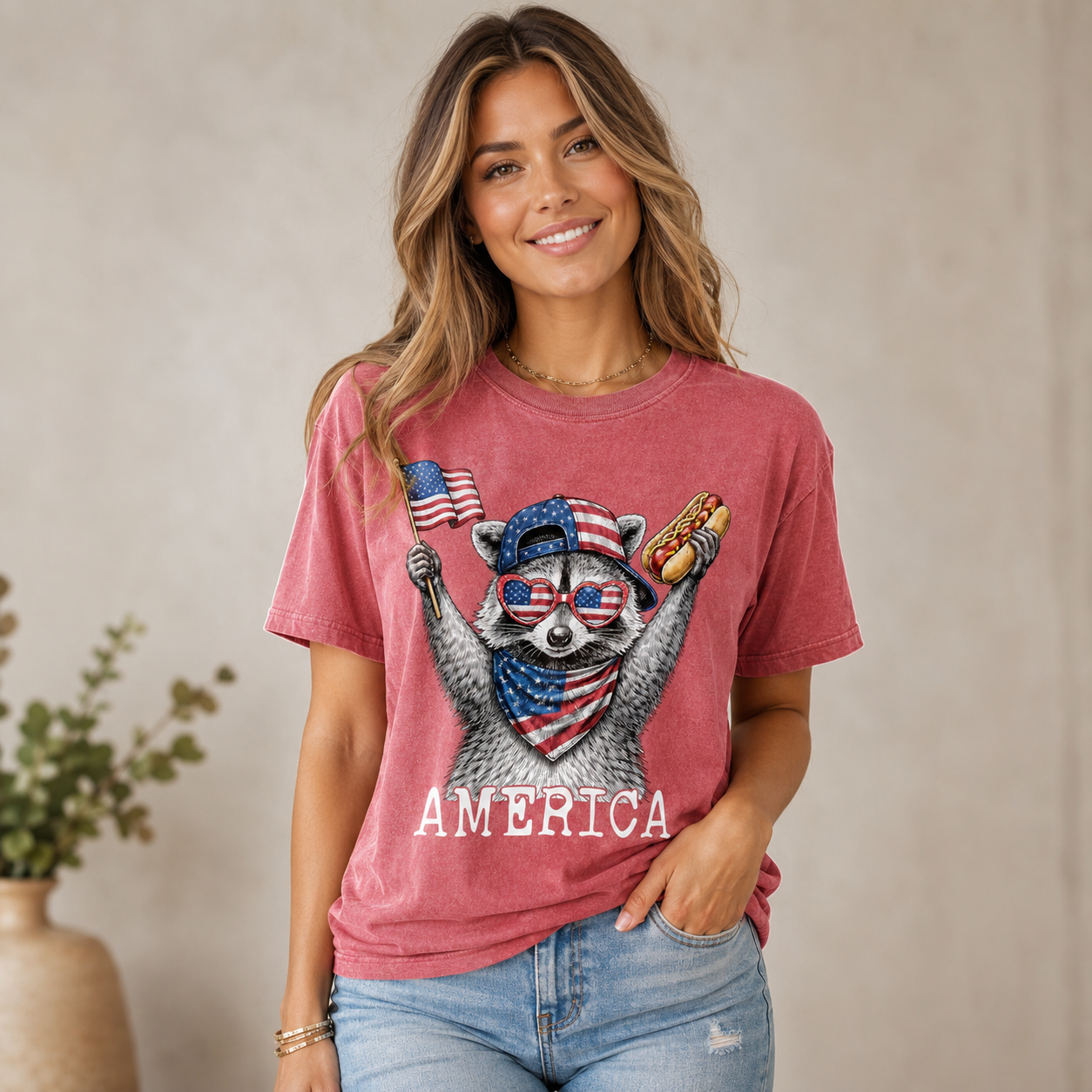 Patriotic Raccoon America Graphic T-Shirt, Funny USA Flag Hot Dog Tee, Unisex Summer Shirt