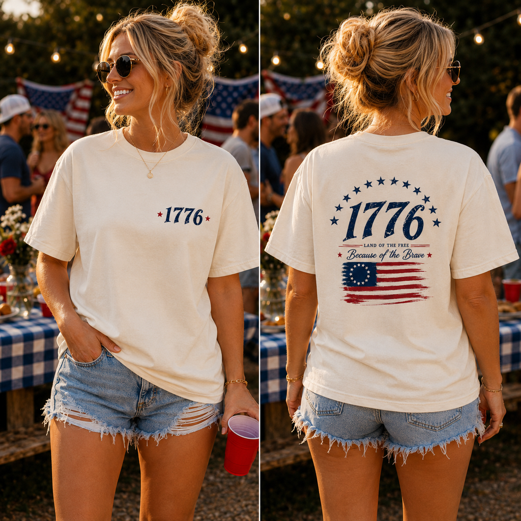 1776 Patriotic Vintage Graphic T-Shirt, USA Flag Back Print Tee, Unisex Americana Summer Shirt