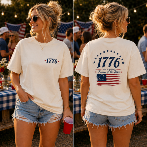 1776 Patriotic Vintage Graphic T-Shirt, USA Flag Back Print Tee, Unisex Americana Summer Shirt