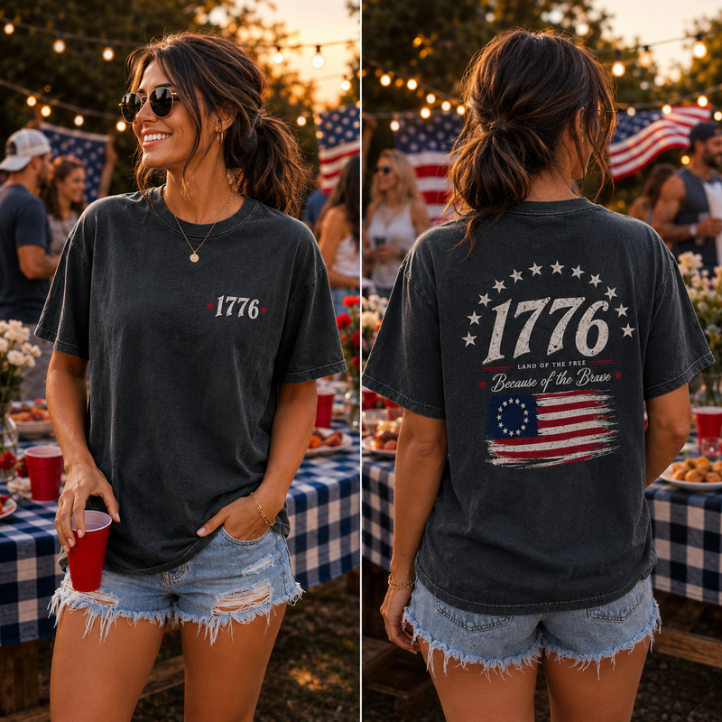 1776 Patriotic Vintage Graphic T-Shirt, USA Flag Back Print Tee, Unisex Americana Summer Shirt