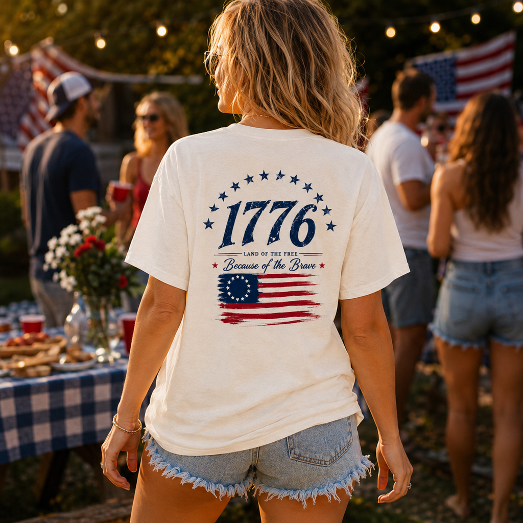 1776 Patriotic Vintage Graphic T-Shirt, USA Flag Back Print Tee, Unisex Americana Summer Shirt