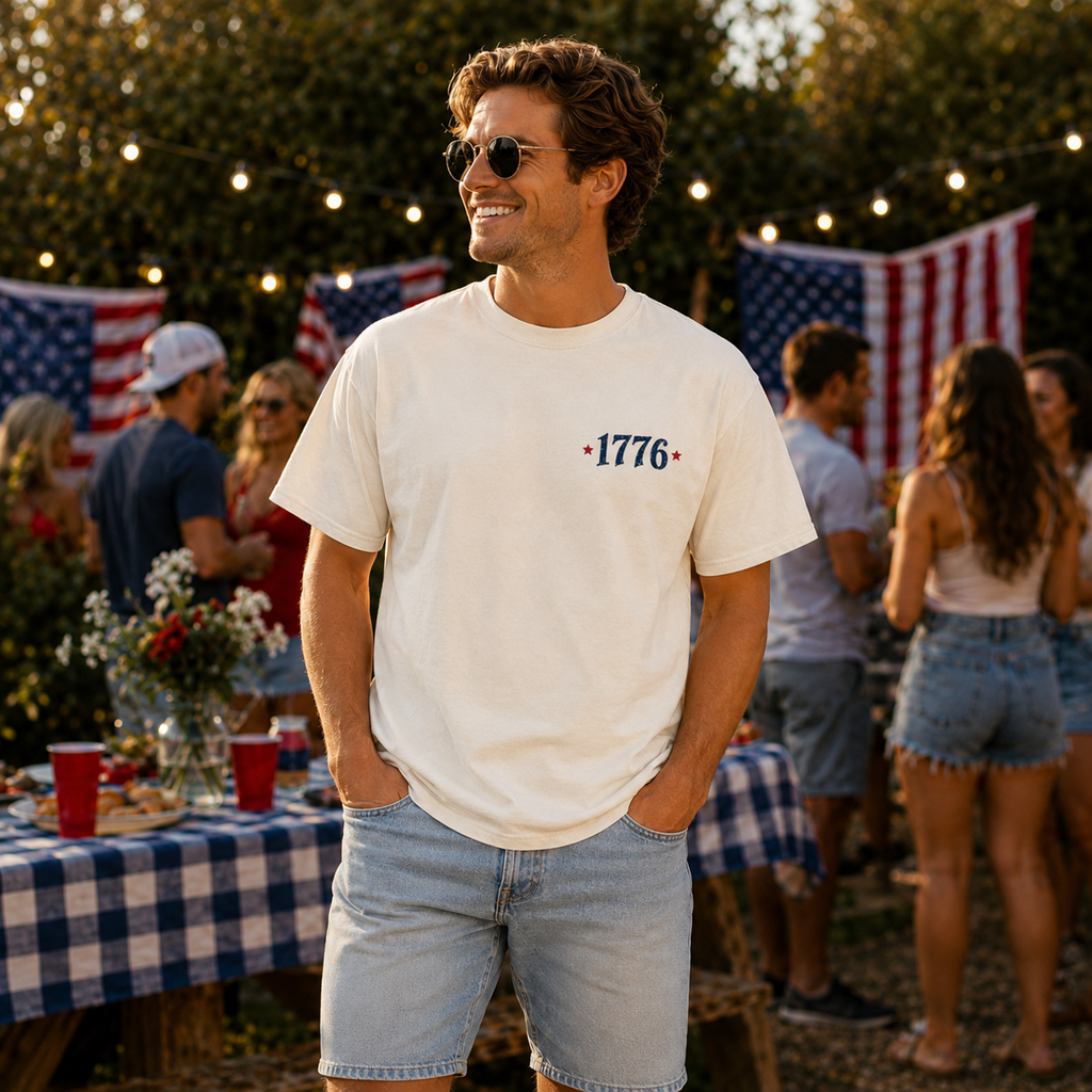 1776 Patriotic Vintage Graphic T-Shirt, USA Flag Back Print Tee, Unisex Americana Summer Shirt