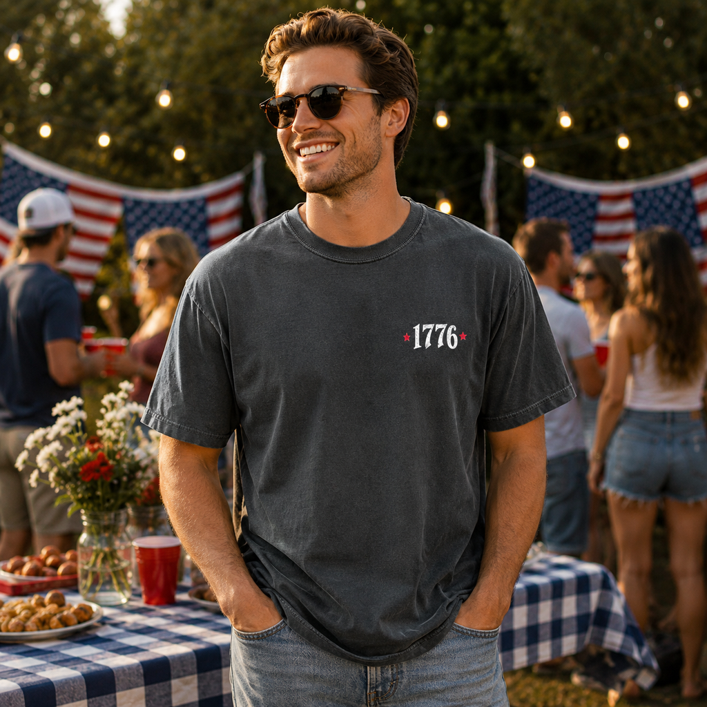 1776 Patriotic Vintage Graphic T-Shirt, USA Flag Back Print Tee, Unisex Americana Summer Shirt