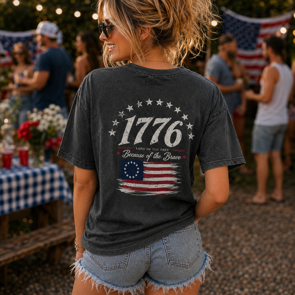 1776 Patriotic Vintage Graphic T-Shirt, USA Flag Back Print Tee, Unisex Americana Summer Shirt
