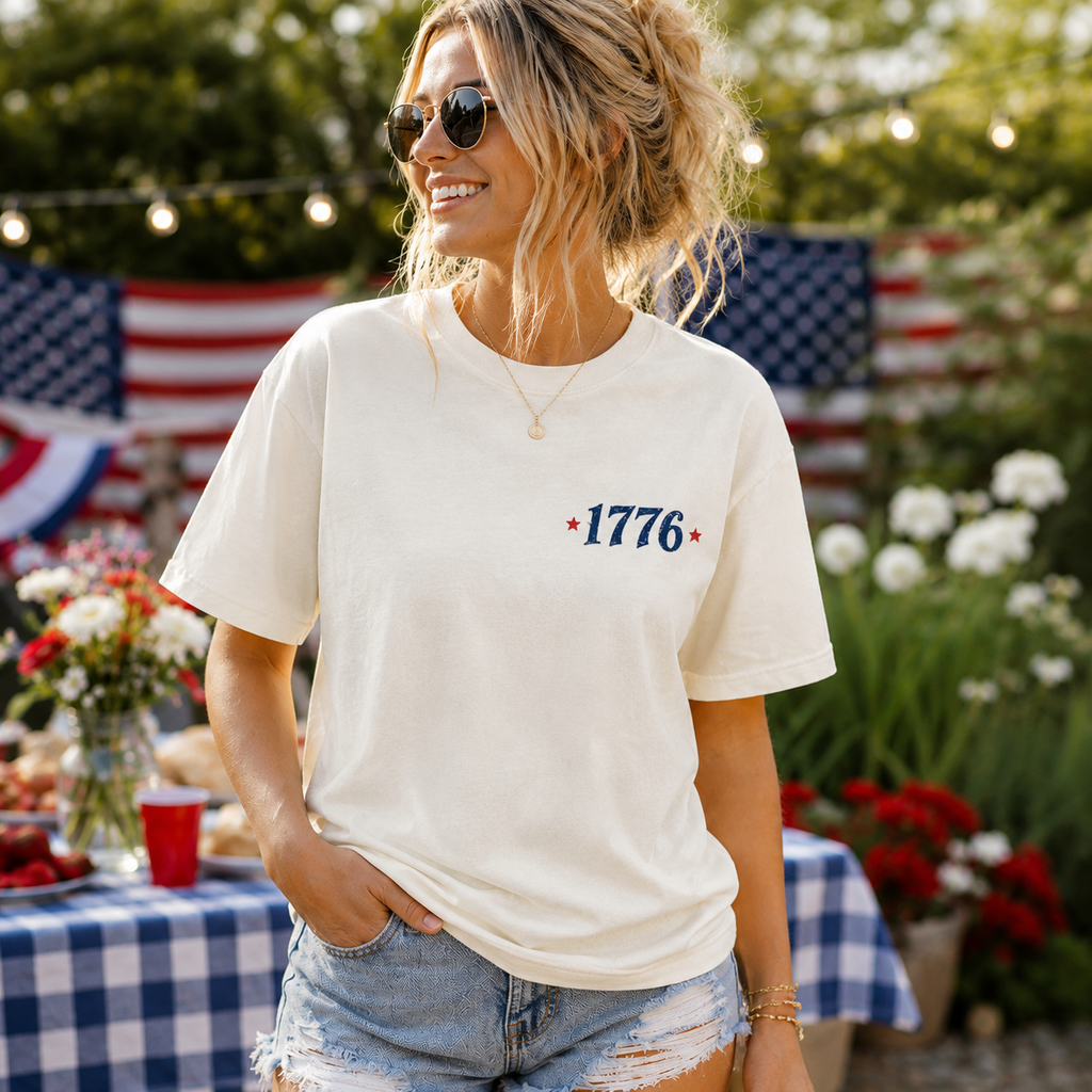 1776 Patriotic Vintage Graphic T-Shirt, USA Flag Back Print Tee, Unisex Americana Summer Shirt