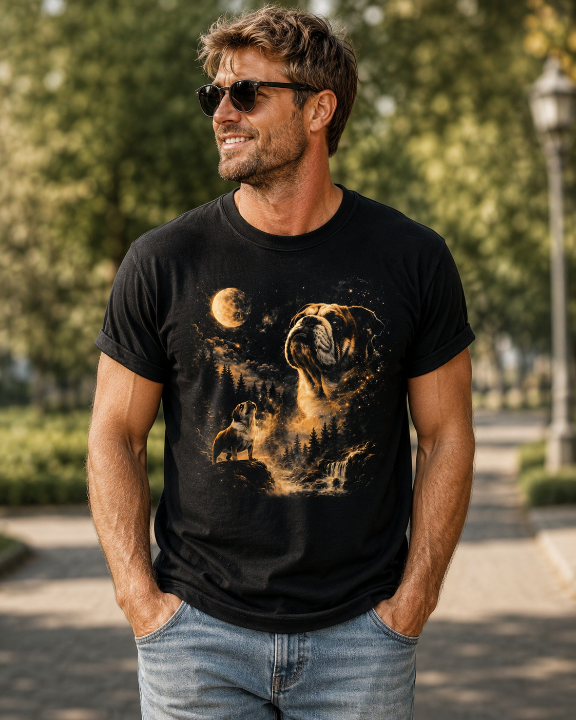 Bulldog Memorial Graphic T-Shirt, Moonlight Dog Spirit Tee, Pet Lover Remembrance Shirt