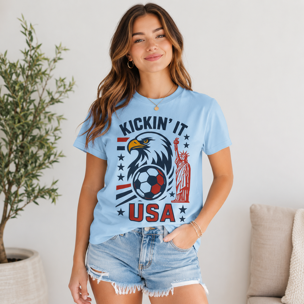Kickin’ It USA Soccer T-Shirt, Patriotic Eagle Graphic Tee, USA Soccer Fan Shirt, Unisex Game Day Tee