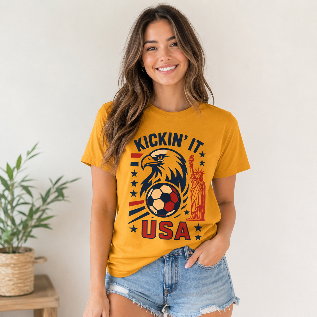 Kickin’ It USA Soccer T-Shirt, Patriotic Eagle Graphic Tee, USA Soccer Fan Shirt, Unisex Game Day Tee