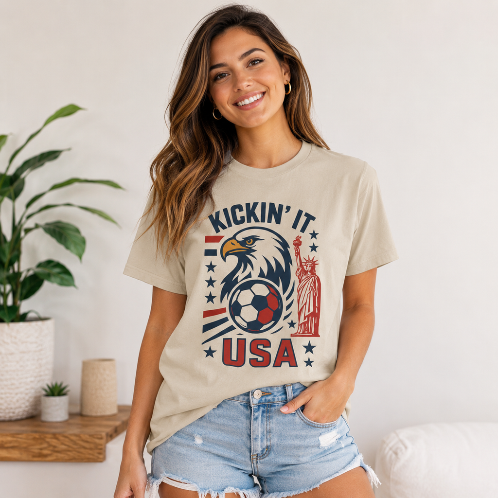 Kickin’ It USA Soccer T-Shirt, Patriotic Eagle Graphic Tee, USA Soccer Fan Shirt, Unisex Game Day Tee