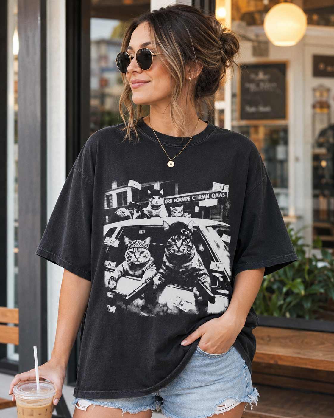 Funny Cat Graphic T-Shirt, Vintage Cat Money Car Tee, Oversized Unisex Streetwear Shirt