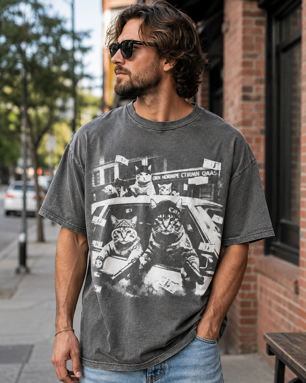 Funny Cat Graphic T-Shirt, Vintage Cat Money Car Tee, Oversized Unisex Streetwear Shirt