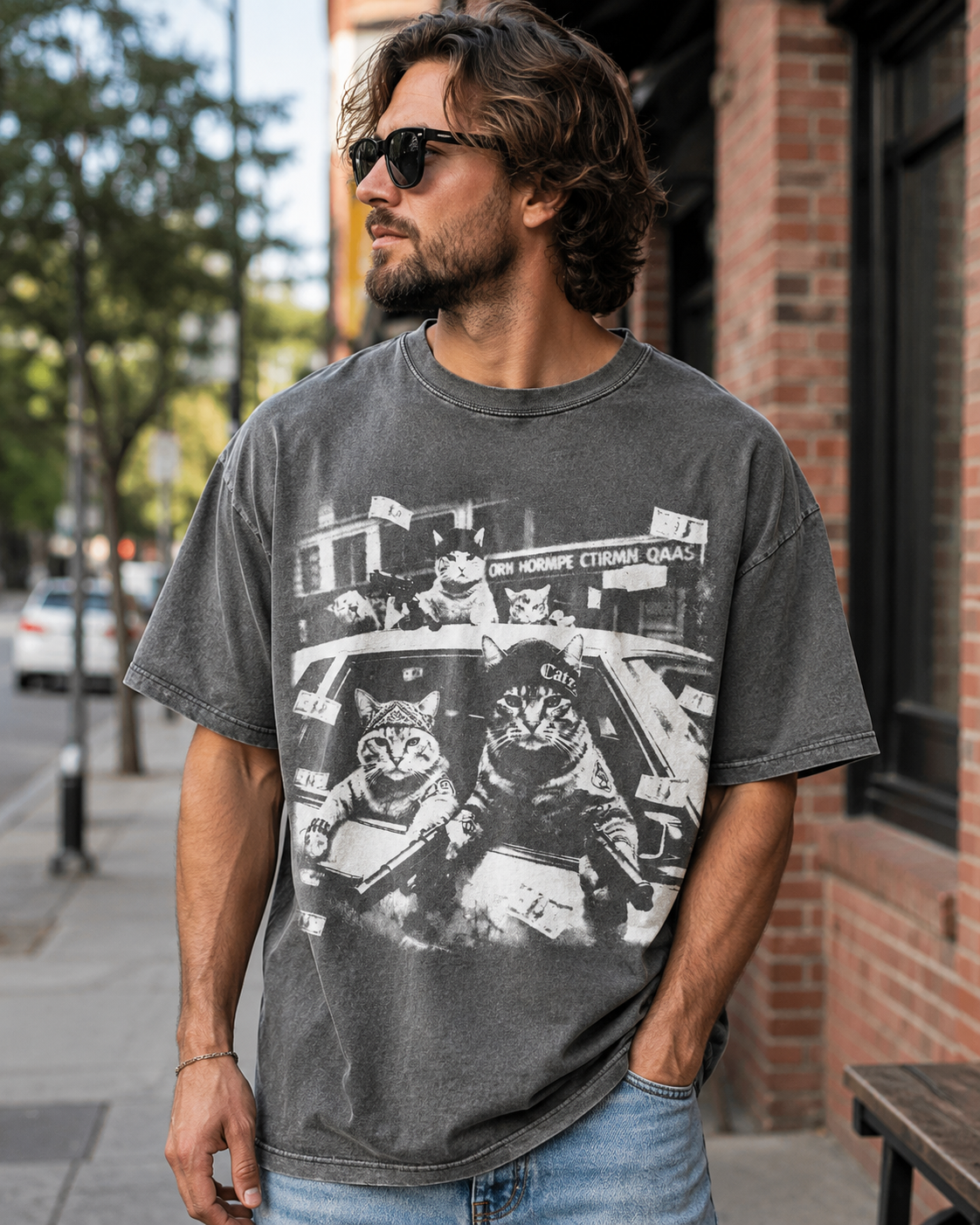 Funny Cat Graphic T-Shirt, Vintage Cat Money Car Tee, Oversized Unisex Streetwear Shirt