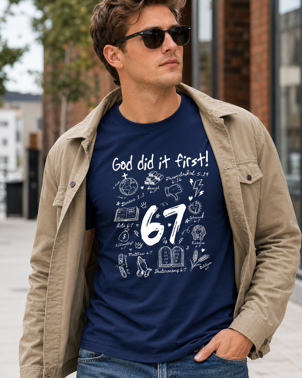 God Did It First 67 Graphic T-Shirt, Christian Faith Bible Verse Tee, Inspirational Unisex Shirt