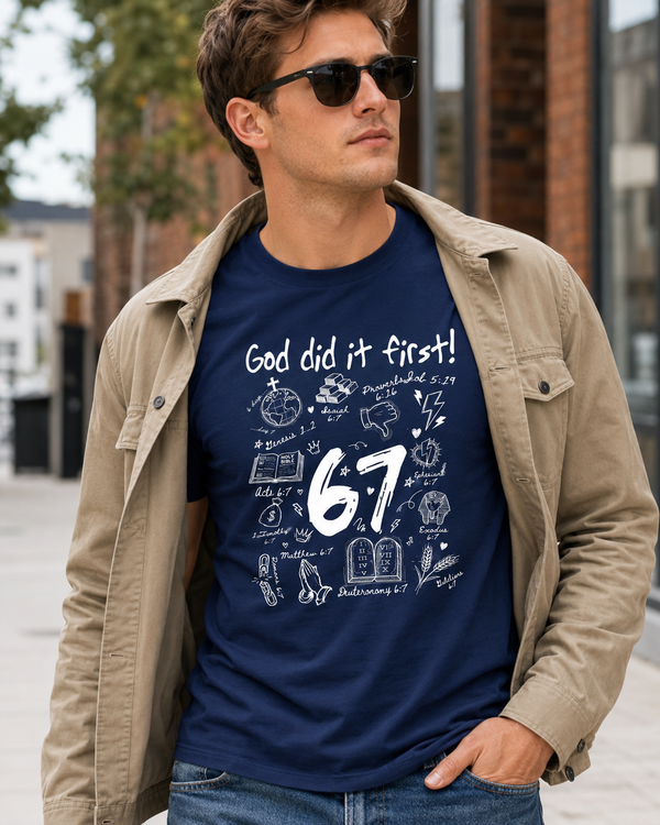 God Did It First 67 Graphic T-Shirt, Christian Faith Bible Verse Tee, Inspirational Unisex Shirt