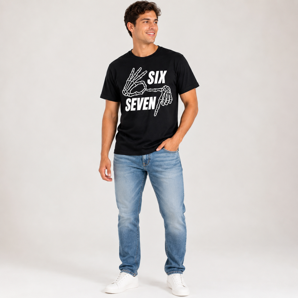 Six Seven Skeleton Hand Graphic T-Shirt, Funny Meme Tee, Unisex Casual Streetwear Shirt