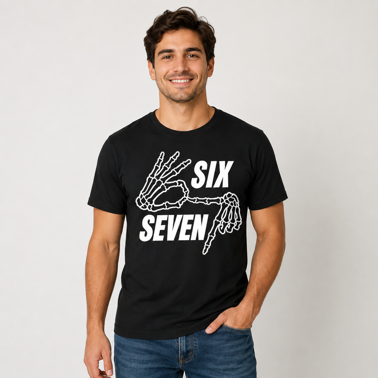 Six Seven Skeleton Hand Graphic T-Shirt, Funny Meme Tee, Unisex Casual Streetwear Shirt