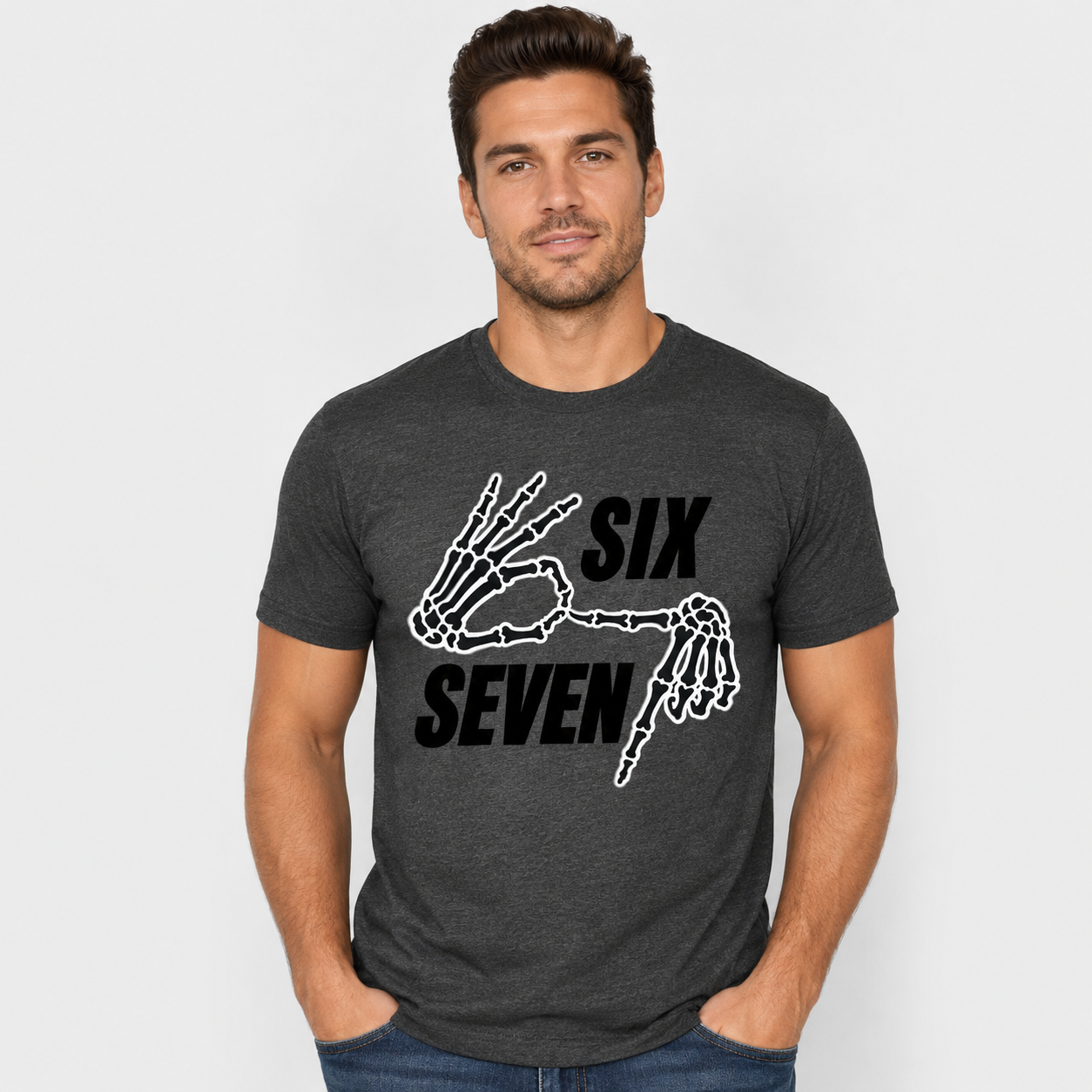 Six Seven Skeleton Hand Graphic T-Shirt, Funny Meme Tee, Unisex Casual Streetwear Shirt
