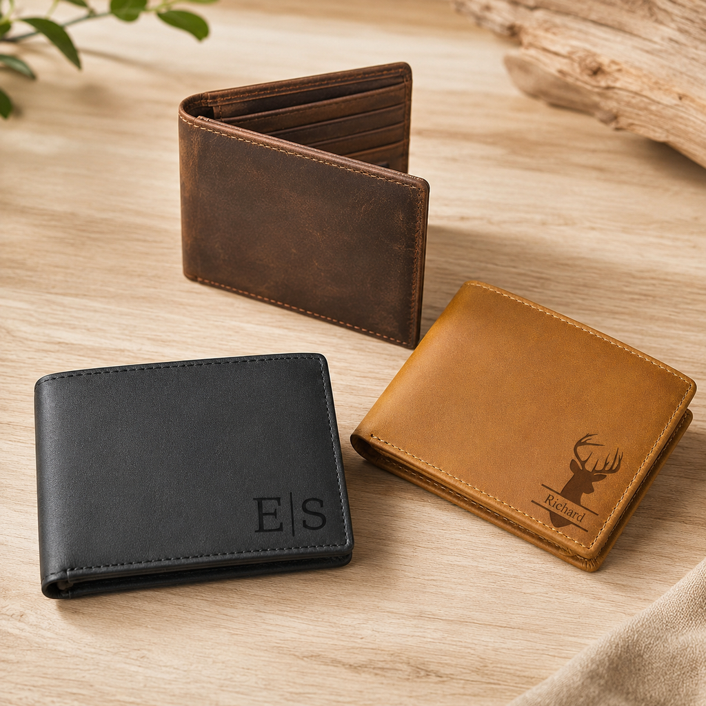 Personalized Leather Wallet, Custom Engraved Men’s Bifold Wallet, Photo Text Logo Gift for Dad Husband Boyfriend