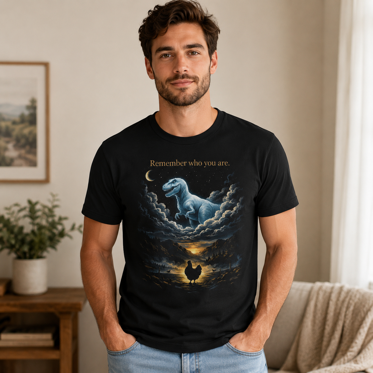 Inspirational Dinosaur Graphic T-Shirt, Moonlight Dino Dream Tee, Unisex Animal Fantasy Shirt