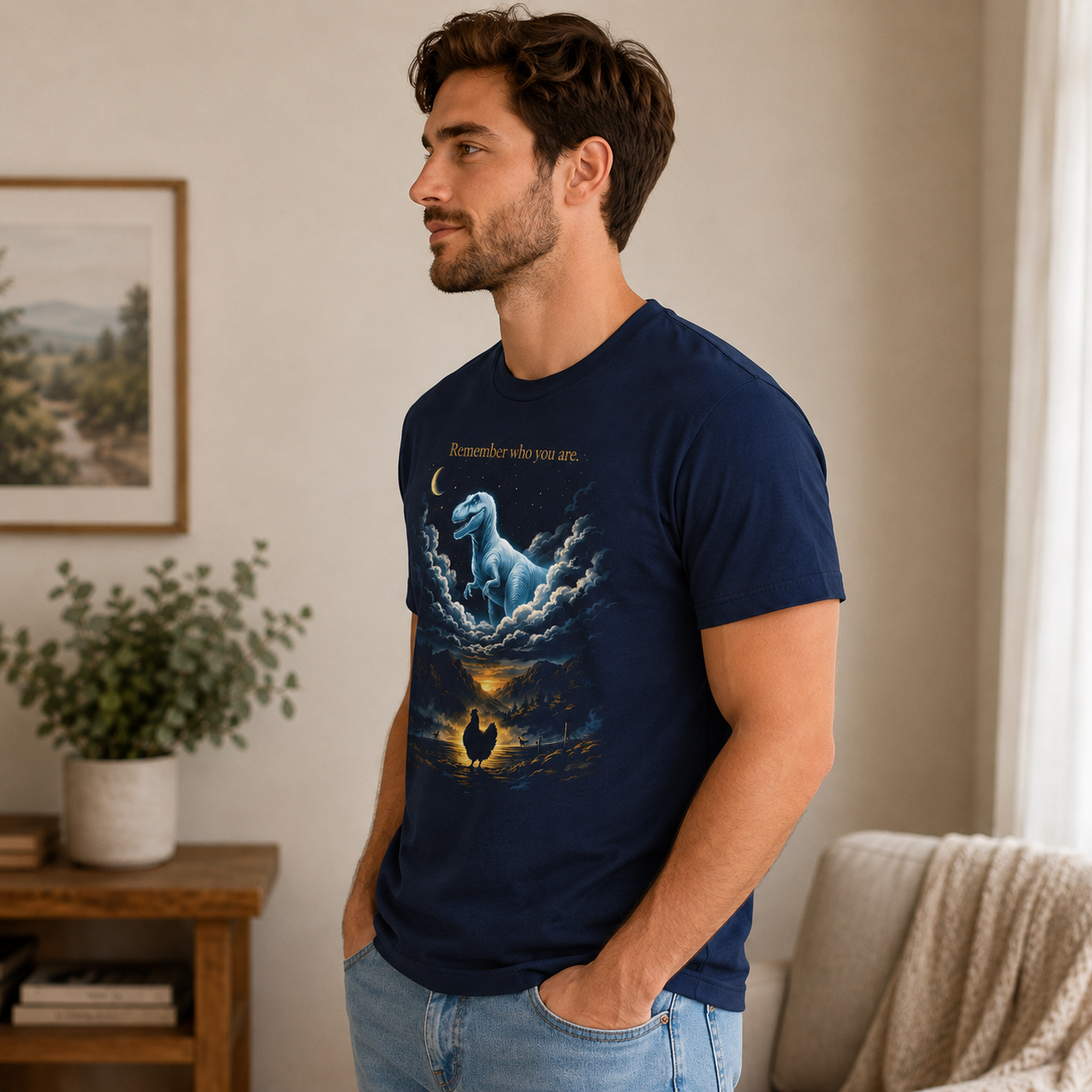 Inspirational Dinosaur Graphic T-Shirt, Moonlight Dino Dream Tee, Unisex Animal Fantasy Shirt