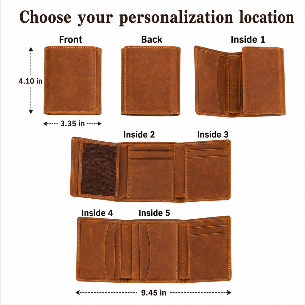 Personalized Trifold Leather Wallet, Custom Engraved Photo Text Wallet, Gift for Dad Husband Boyfriend