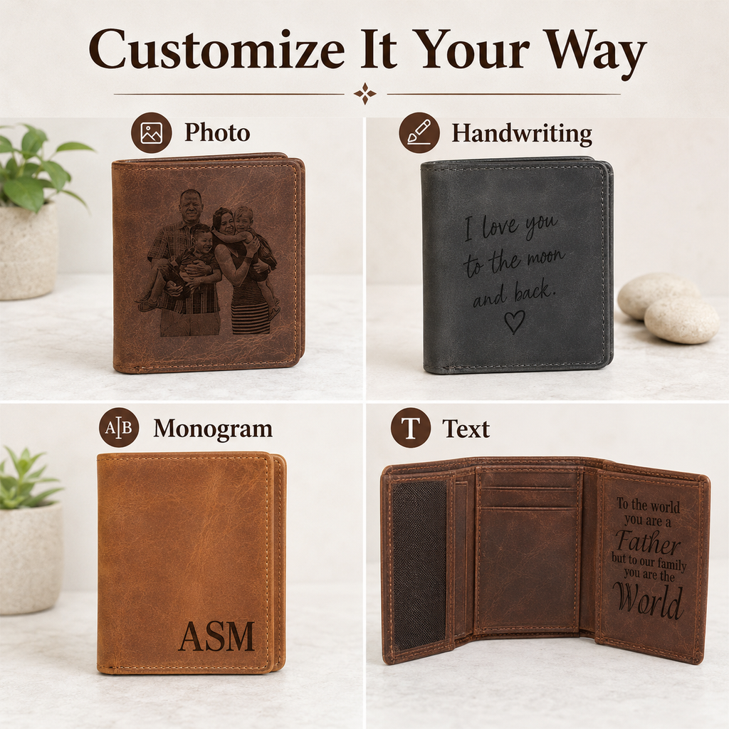 Personalized Trifold Leather Wallet, Custom Engraved Photo Text Wallet, Gift for Dad Husband Boyfriend