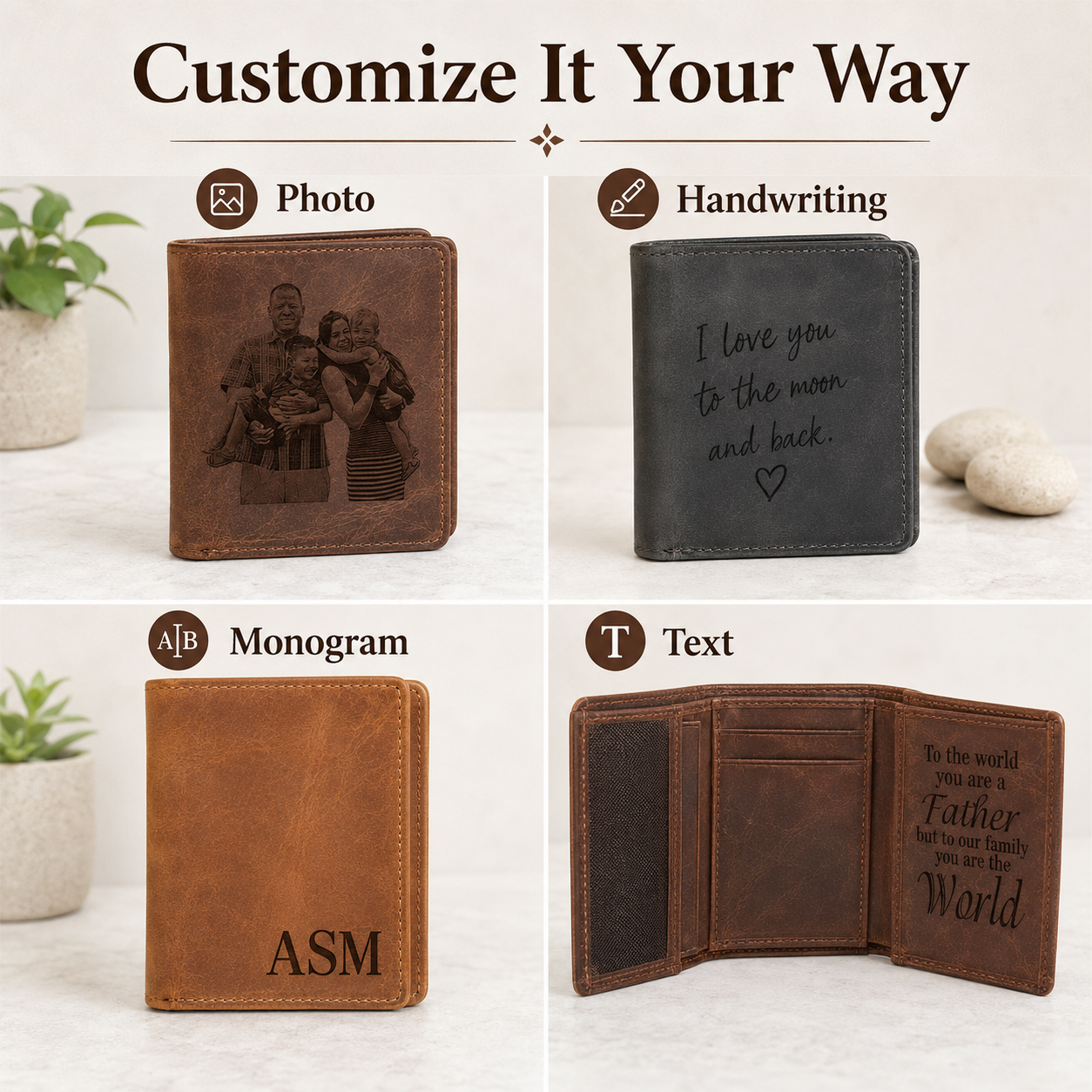 Personalized Trifold Leather Wallet, Custom Engraved Photo Text Wallet, Gift for Dad Husband Boyfriend