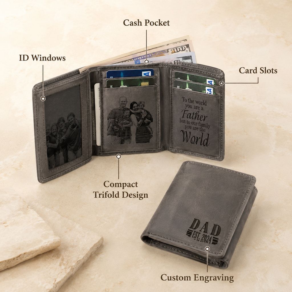Personalized Trifold Leather Wallet, Custom Engraved Photo Text Wallet, Gift for Dad Husband Boyfriend