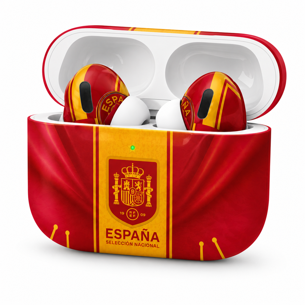 Red Yellow Soccer Wireless Earbuds Case Skin, CNC Engraved Football Fan Earbud Cover, Spain Inspired Sport Design