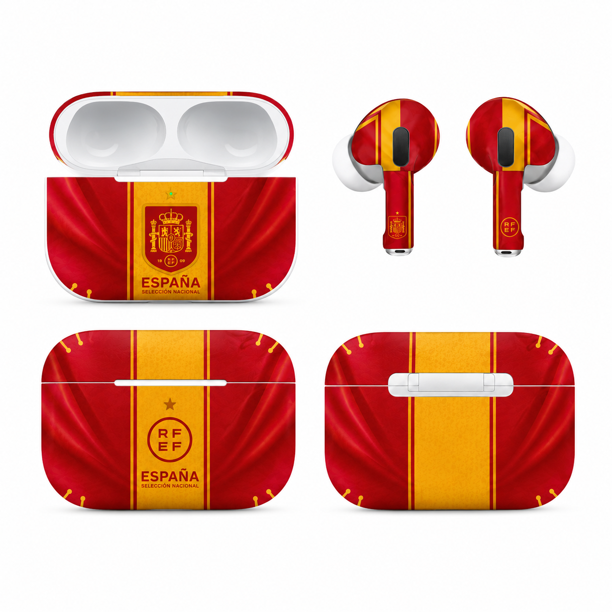 Red Yellow Soccer Wireless Earbuds Case Skin, CNC Engraved Football Fan Earbud Cover, Spain Inspired Sport Design