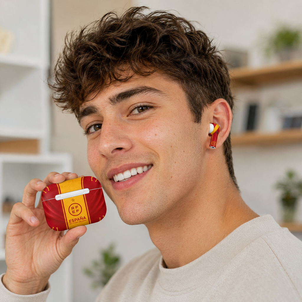 Red Yellow Soccer Wireless Earbuds Case Skin, CNC Engraved Football Fan Earbud Cover, Spain Inspired Sport Design