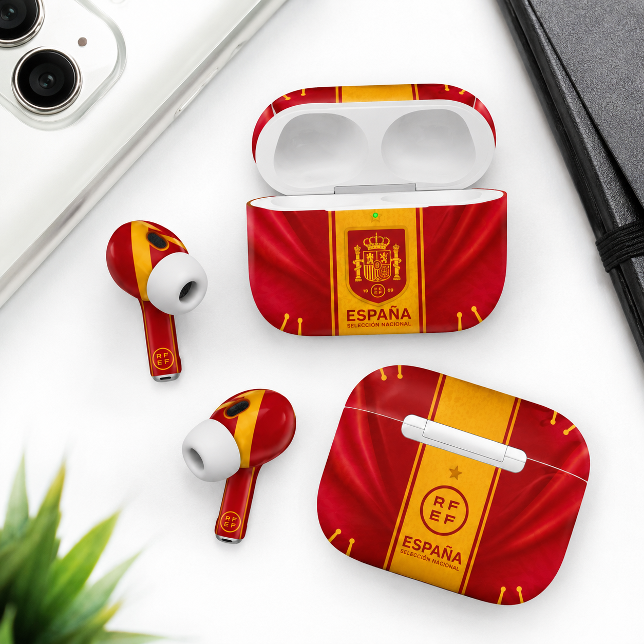 Red Yellow Soccer Wireless Earbuds Case Skin, CNC Engraved Football Fan Earbud Cover, Spain Inspired Sport Design