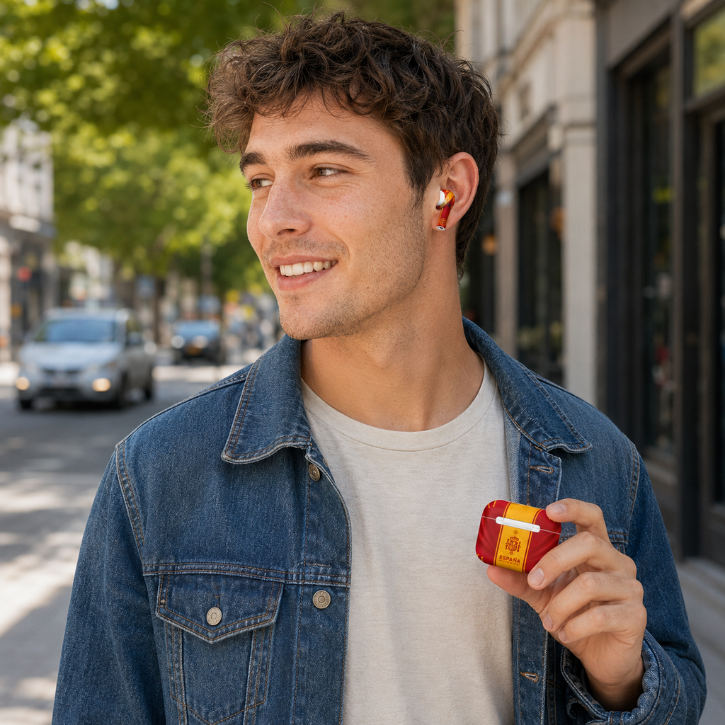 Red Yellow Soccer Wireless Earbuds Case Skin, CNC Engraved Football Fan Earbud Cover, Spain Inspired Sport Design