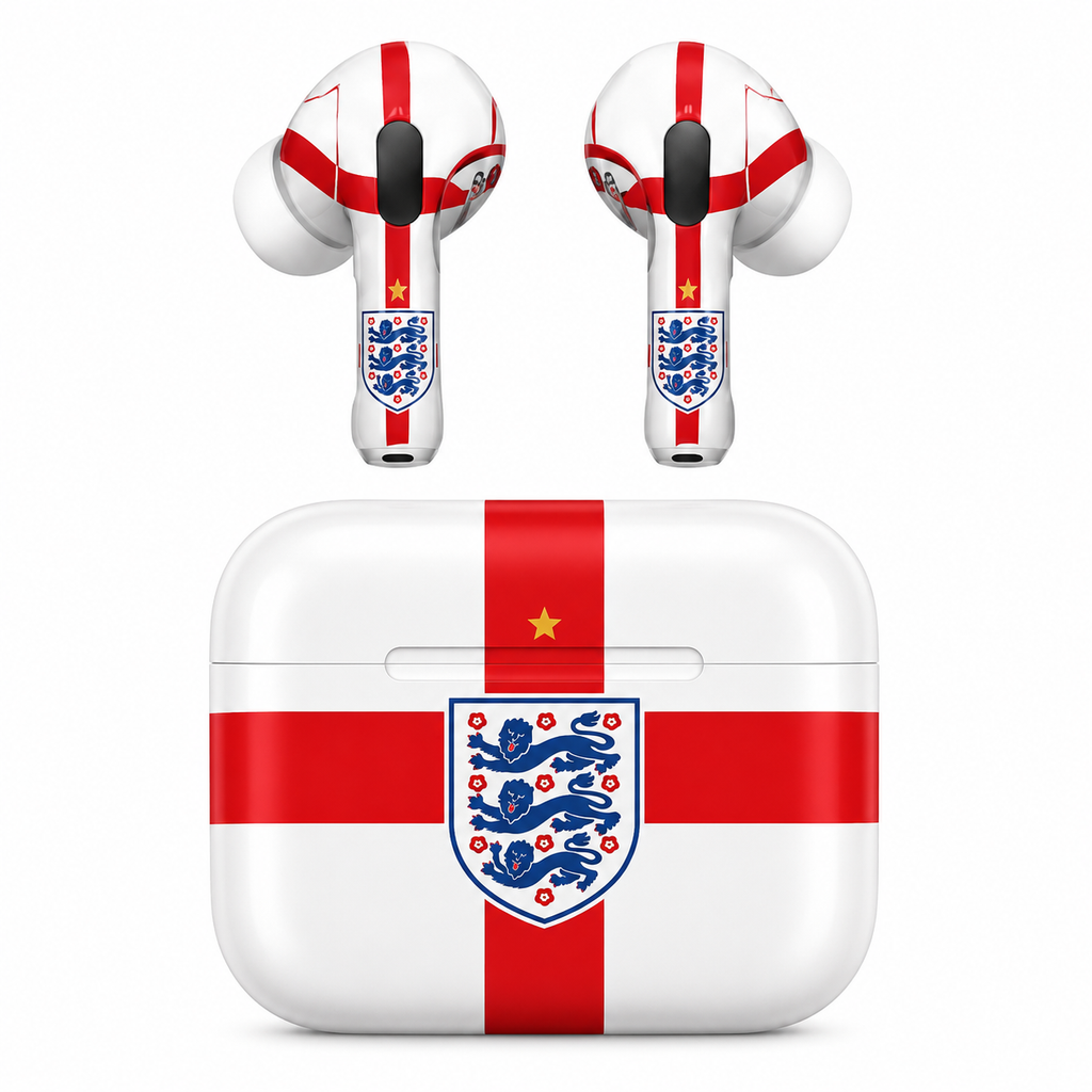 Red White Soccer Wireless Earbuds Case Skin, CNC Engraved Football Fan Earbud Cover, England Inspired Sport Design