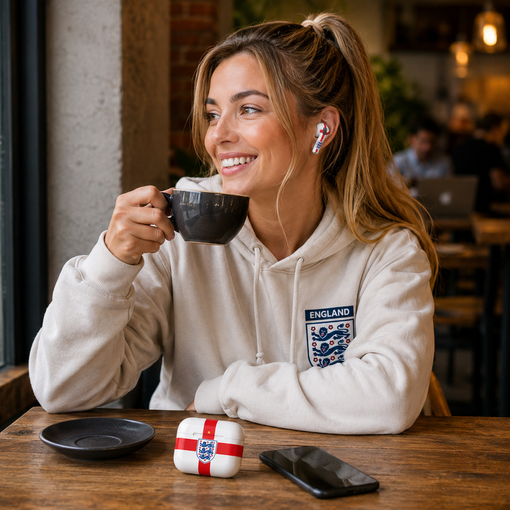 Red White Soccer Wireless Earbuds Case Skin, CNC Engraved Football Fan Earbud Cover, England Inspired Sport Design