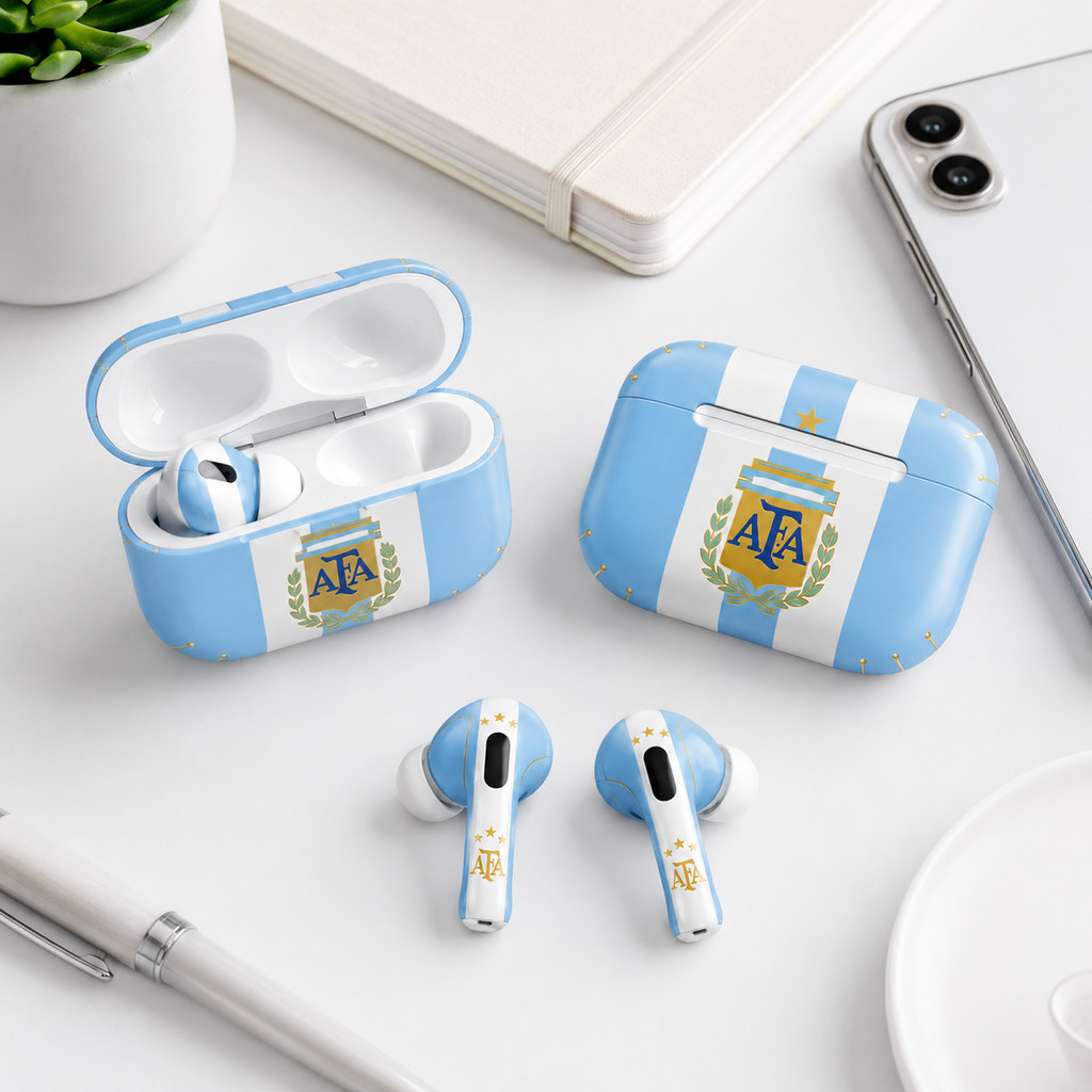 Blue White Soccer Wireless Earbuds Case Skin, CNC Engraved Football Fan Earbud Cover, Argentina Inspired Sport Design