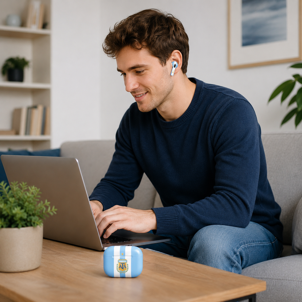Blue White Soccer Wireless Earbuds Case Skin, CNC Engraved Football Fan Earbud Cover, Argentina Inspired Sport Design