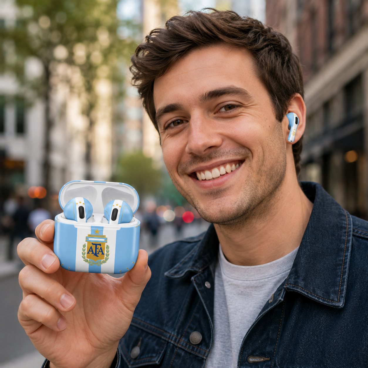Blue White Soccer Wireless Earbuds Case Skin, CNC Engraved Football Fan Earbud Cover, Argentina Inspired Sport Design
