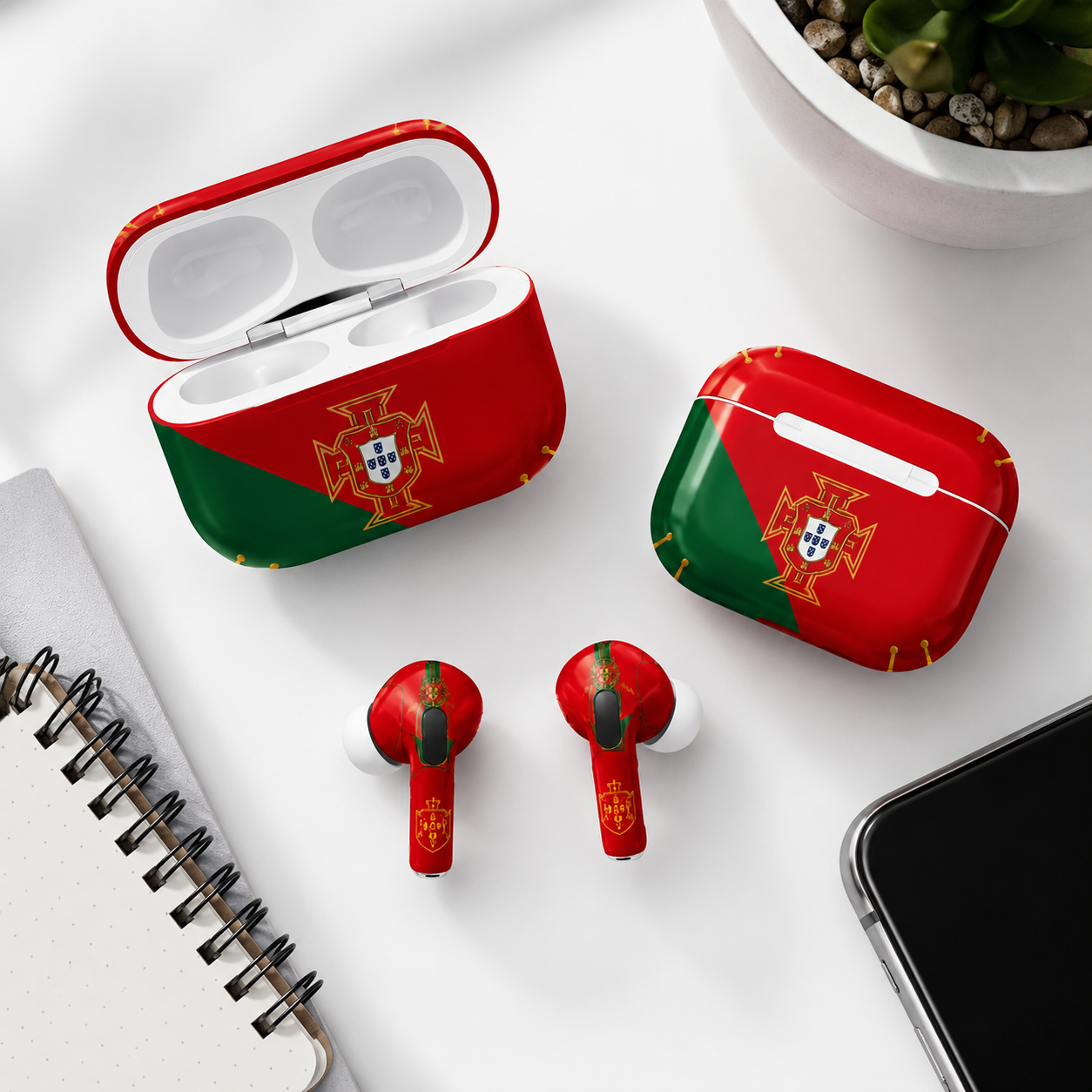 Red Green Soccer Wireless Earbuds Case Skin, CNC Engraved Football Fan Earbud Cover, Portugal Inspired Sport Design