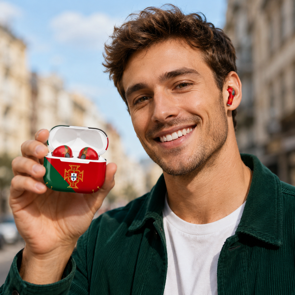 Red Green Soccer Wireless Earbuds Case Skin, CNC Engraved Football Fan Earbud Cover, Portugal Inspired Sport Design