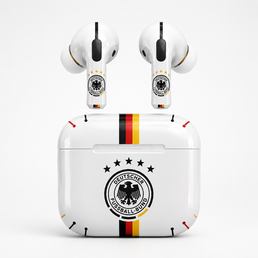 Black Red Gold Soccer Wireless Earbuds Case Skin, CNC Engraved Football Fan Earbud Cover, Germany Inspired Sport Design