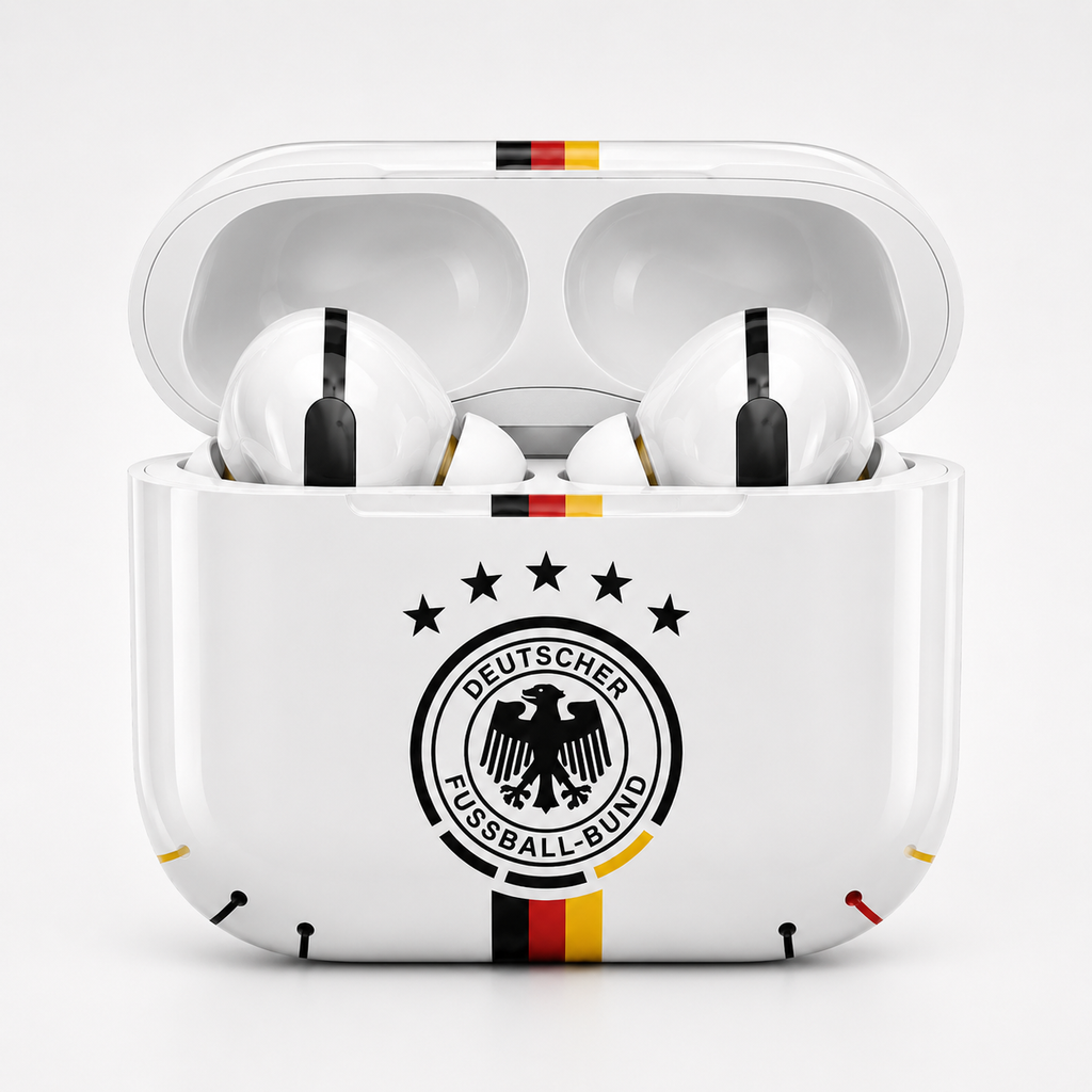 Black Red Gold Soccer Wireless Earbuds Case Skin, CNC Engraved Football Fan Earbud Cover, Germany Inspired Sport Design