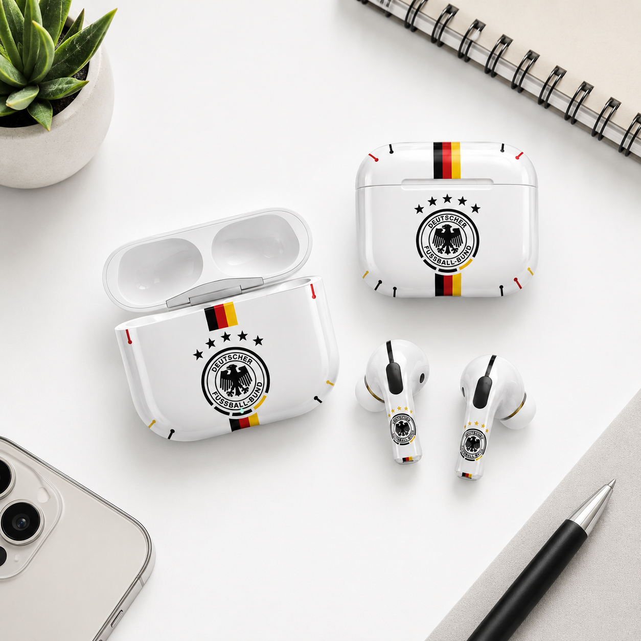 Black Red Gold Soccer Wireless Earbuds Case Skin, CNC Engraved Football Fan Earbud Cover, Germany Inspired Sport Design