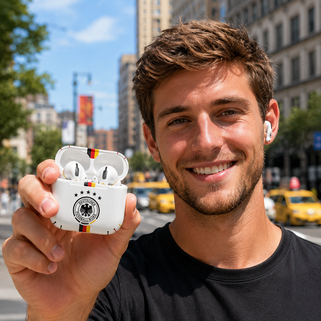 Black Red Gold Soccer Wireless Earbuds Case Skin, CNC Engraved Football Fan Earbud Cover, Germany Inspired Sport Design