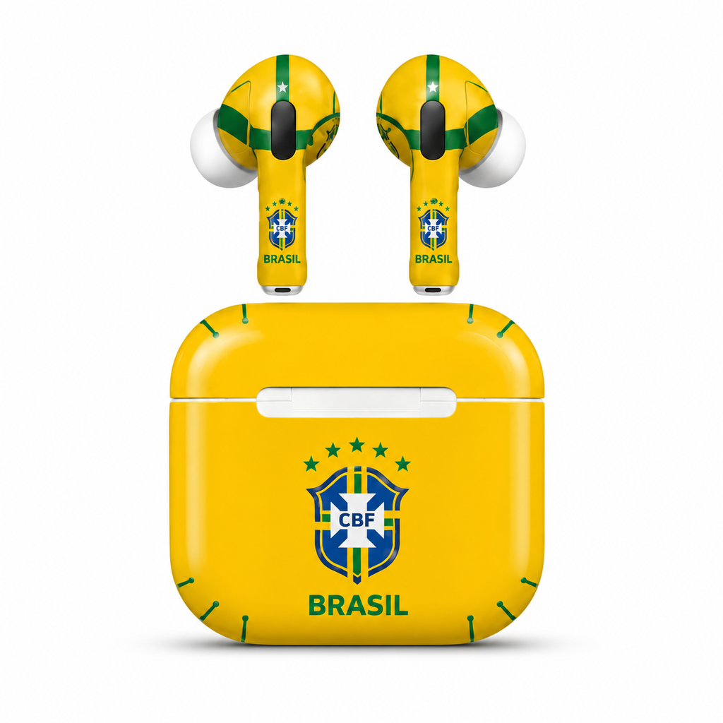 Yellow Green Soccer Wireless Earbuds Case Skin, CNC Engraved Football Fan Earbud Cover, Brazil Inspired Sport Design