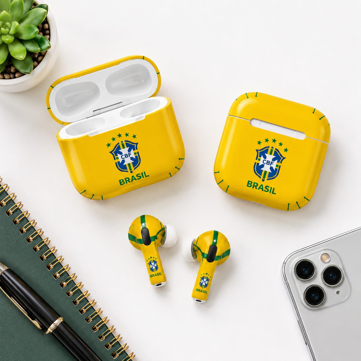 Yellow Green Soccer Wireless Earbuds Case Skin, CNC Engraved Football Fan Earbud Cover, Brazil Inspired Sport Design
