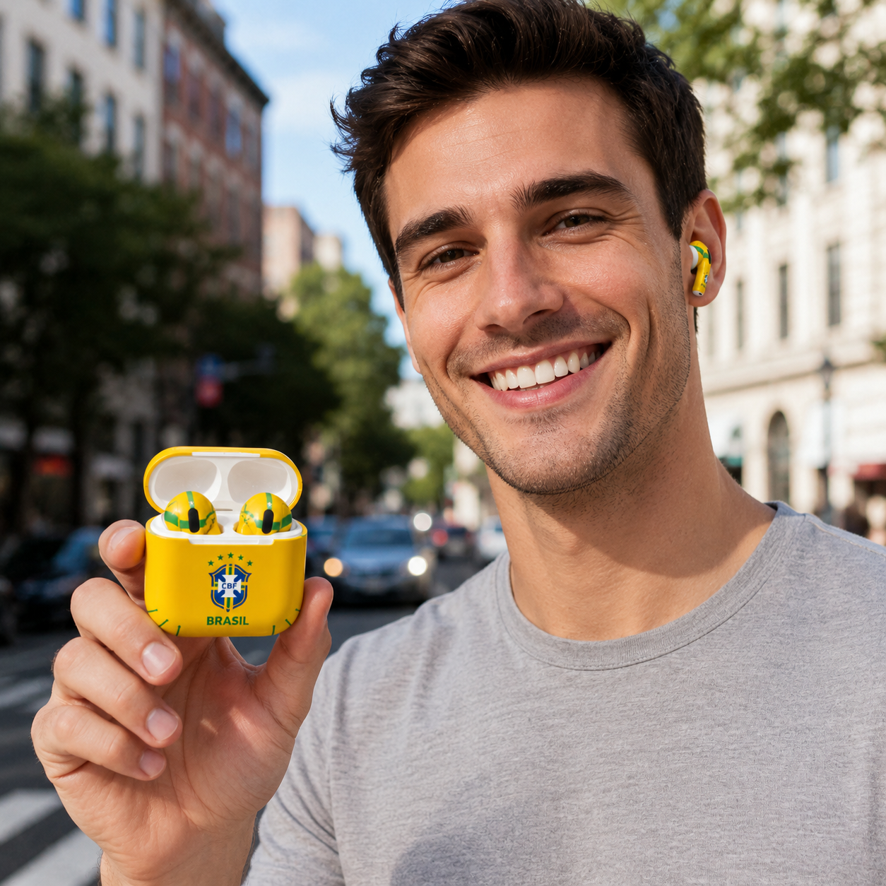 Yellow Green Soccer Wireless Earbuds Case Skin, CNC Engraved Football Fan Earbud Cover, Brazil Inspired Sport Design