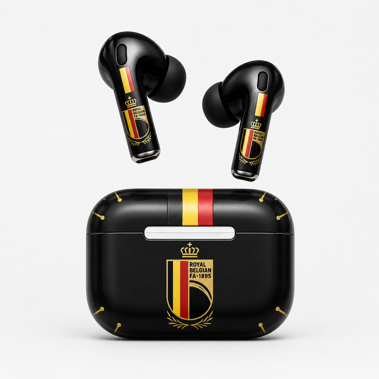 Black Red Yellow Soccer Wireless Earbuds Case Skin, CNC Engraved Football Fan Earbud Cover, Belgium Inspired Sport Design