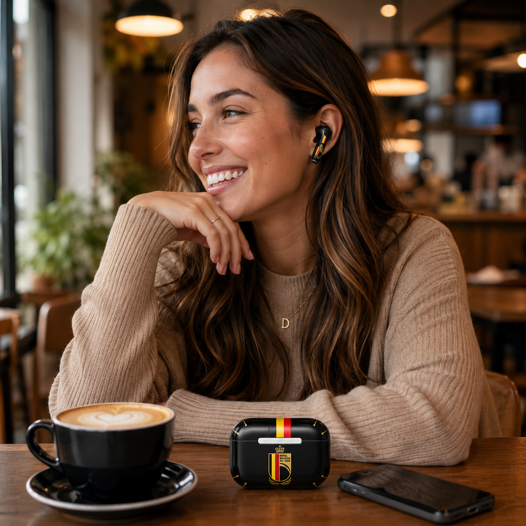 Black Red Yellow Soccer Wireless Earbuds Case Skin, CNC Engraved Football Fan Earbud Cover, Belgium Inspired Sport Design